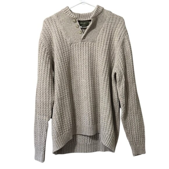 Eddie Bauer Cream Cable Knit Button Fisherman Sweater Men Size Large Cotton City - Picture 1 of 14